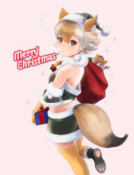 Rule 34 | 1girl, absurdres, animal ear fluff, animal ears, beleven, blonde hair, christmas, christmas present, coyopotato, coyote (kemono friends), dress, elbow gloves, extra ears, gift, gloves, hat, highres, kemono friends, kemono friends v project, kneehighs, looking at viewer, santa dress, santa hat, shoes, short hair, simple background, socks, tail, virtual youtuber, wolf ears, wolf girl, wolf tail, yellow eyes