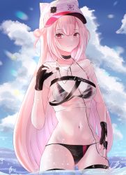 Rule 34 | 1girl, absurdres, bare shoulders, bikini, black bikini, black choker, black gloves, blue sky, blush, breasts, choker, closed mouth, cloud, cloudy sky, collarbone, feet out of frame, fingerless gloves, girls&#039; frontline, gloves, headphones, highres, holding, holding headphones, long hair, looking at viewer, medium breasts, nail polish, navel, official alternate costume, on water, pink hair, pink nails, red eyes, sky, smile, solo, standing, stomach, swimsuit, ukm-2000 (girls&#039; frontline), ukm-2000 (soda tale) (girls&#039; frontline), very long hair, white headwear, yoshi-j