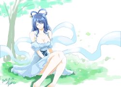 Rule 34 | 1girl, absurdres, artist name, bare shoulders, blue hair, blue ribbon, breasts, cleavage, closed eyes, closed mouth, commentary request, dated, feet out of frame, grass, hagoromo, hair ornament, hair rings, hair stick, highres, hisin, kaku seiga, large breasts, light blue dress, medium hair, puffy short sleeves, puffy sleeves, ribbon, shawl, short sleeves, signature, sitting, smile, solo, swept bangs, touhou, tree, white background