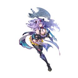 Rule 34 | 1girl, axe, battle axe, black panties, black thighhighs, breasts, camilla (fire emblem), camilla (resplendent) (fire emblem), cleavage, fake horns, fire emblem, fire emblem fates, fire emblem heroes, flower, full body, gloves, hair over one eye, holding, holding axe, holding weapon, horns, large breasts, long hair, nintendo, official alternate costume, official art, panties, plant, purple eyes, purple gloves, purple hair, simple background, solo, tachi-e, thighhighs, thighs, third-party source, underwear, wavy hair, weapon, white background