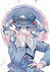 Rule 34 | 1girl, absurdres, blue eyes, blue hair, blue hat, blue shirt, blush, closed mouth, flat cap, frilled shirt collar, frills, hair between eyes, hair bobbles, hair ornament, hand on own hip, hand up, hat, highres, holding, holding wrench, katai (nekoneko0720), kawashiro nitori, long sleeves, looking at viewer, medium hair, one-hour drawing challenge, shirt, sleeve cuffs, smile, solo, touhou, twintails, upper body, wrench