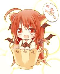 Rule 34 | 1girl, :d, ahoge, animal ears, bat wings, blush, bow, bowtie, cat ears, cat girl, cat tail, chibi, cup, detached wings, dress shirt, embodiment of scarlet devil, fang, female focus, head wings, highres, in container, in cup, kemonomimi mode, koa (phrase), koakuma, mini person, minigirl, open mouth, red eyes, red hair, ribbon, shirt, smile, solo, tail, tail ornament, tail ribbon, teacup, touhou, vest, wings, yuuhagi (amaretto-no-natsu)
