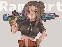 Rule 34 | 1girl, animification, apex legends, black shirt, brown eyes, brown gloves, brown hair, blowing bubbles, character name, chewing gum, cropped shirt, dark-skinned female, dark skin, facial mark, forehead mark, gloves, grey background, gun, highres, holding, holding gun, holding weapon, light machine gun, m600 spitfire, midriff, navel, nose piercing, nose ring, oinu-chan, over shoulder, piercing, rampart (apex legends), shirt, side ponytail, solo, twitter username, weapon, weapon over shoulder