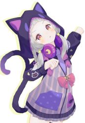 Rule 34 | 1girl, animal ears, animal hood, arched bangs, black shirt, blush, braid, cat ears, cat hood, cat tail, commentary request, cowboy shot, grey hair, headphones, headphones around neck, hololive, hood, hooded jacket, jacket, long hair, long sleeves, looking at viewer, low twintails, murasaki shion, murasaki shion (school uniform), necktie, official alternate costume, open mouth, orange eyes, outline, piko pinapi, purple jacket, purple necktie, shirt, simple background, solo, tail, twintails, virtual youtuber, white background, yellow outline