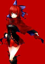 Rule 34 | 1girl, bad id, bad pixiv id, blush, boots, bow, breasts, cape, hair bow, highres, jpeg artifacts, long sleeves, okakingyo, red background, red eyes, red hair, sekibanki, short hair, skirt, smile, solo, touhou