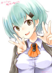 Rule 34 | 1girl, absurdres, alternate hair length, alternate hairstyle, aqua eyes, aqua hair, ascot, blazer, breasts, commentary request, double v, grey jacket, hair ornament, hairclip, highres, jacket, kantai collection, looking at viewer, medium breasts, momokaze kuri, orange ascot, school uniform, short hair, simple background, solo, suzuya (kancolle), translation request, upper body, v, white background