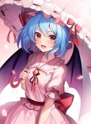 Rule 34 | 1girl, absurdres, back bow, bat wings, blue hair, bow, brooch, collared shirt, cowboy shot, fang, frilled shirt collar, frills, hat, hat ribbon, highres, holding, holding umbrella, jewelry, looking at viewer, mob cap, pink hat, pink shirt, pink umbrella, puffy short sleeves, puffy sleeves, red bow, red eyes, red nails, red ribbon, red skirt, remilia scarlet, ribbon, ruhika, shirt, short hair, short sleeves, skirt, solo, touhou, umbrella, wings