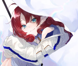 Rule 34 | 1girl, ahoge, arknights, bare shoulders, blue eyes, commentary request, dress, feet out of frame, flag, highres, holding, holding flag, hugging own legs, jacket, knees up, long hair, looking at viewer, myrtle (arknights), pointy ears, red hair, sidelocks, simple background, sleeves past fingers, sleeves past wrists, smile, solo, white background, white dress, white flag, white jacket, yakota (usuk-yako)