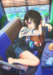 Rule 34 | 1girl, :d, aiuabo, bag, barefoot, black hair, blue nails, blue skirt, couch, earrings, feet, flower, highres, hydrangea, jewelry, legs, long hair, looking at viewer, lying, nail polish, on side, one eye closed, open mouth, original, overall skirt, pleated skirt, red eyes, see-through, shirt, shoulder bag, single thighhigh, skirt, smile, solo, thighhighs, thighs, white shirt, window