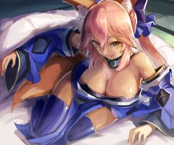 Rule 34 | 10s, 1girl, animal ears, bare shoulders, bed sheet, blanket, blue thighhighs, bow, breasts, cleavage, collar, commentary request, detached sleeves, downblouse, fate/extra, fate (series), fox ears, fox tail, hair bow, hair ribbon, indoors, japanese clothes, large breasts, pelvic curtain, pink hair, ribbon, smile, solo, sue sgr u, tail, tamamo no mae (fate/extra), thighhighs, yellow eyes