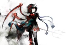 Rule 34 | asymmetrical wings, black dress, black hair, black thighhighs, burning, closed mouth, commentary request, dress, fire, flat chest, holding, holding pitchfork, houjuu nue, kaigen 1025, mismatched wings, neck ribbon, pale skin, pitchfork, red eyes, red ribbon, ribbon, short dress, short hair, short sleeves, smile, thighhighs, touhou
