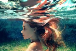 Rule 34 | 1girl, brown hair, closed eyes, closed mouth, commentary, english commentary, floating hair, highres, long hair, nude, original, out-of-frame censoring, photo-referenced, profile, refraction, solo, underwater, watermark, web address, yuumei
