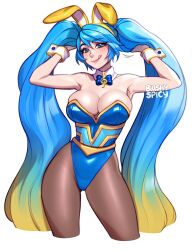 Rule 34 | 1girl, :q, alternate costume, arms up, artist name, blue hair, blush, blushyspicy, breasts, brown pantyhose, cleavage, collarbone, green hair, hair lift, highres, holding, holding own hair, large breasts, league of legends, lips, long hair, multicolored hair, orange hair, pantyhose, shiny skin, smile, solo, sona (league of legends), tongue, tongue out, twintails, very long hair, wavy hair