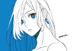 1girl amenoimo bare_shoulders blue_eyes character_request closed_mouth earrings jewelry long_hair looking_at_viewer monochrome solo spot_color