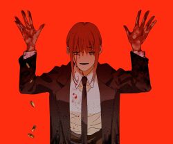 Rule 34 | 1girl, arms up, black jacket, black necktie, black pants, blood, blood on clothes, blood on face, blood on hands, braid, breasts, bullet, buttoned cuffs, buttons, chainsaw man, collared jacket, collared shirt, commentary request, fingernails, formal, grey shirt, hair between eyes, hands up, highres, jacket, long fingernails, long hair, long sleeves, looking at viewer, makima (chainsaw man), medium breasts, necktie, open clothes, open jacket, open mouth, pants, red background, red eyes, red hair, ringed eyes, sensui n2, shirt, sidelocks, simple background, smile, solo, standing, suit, wing collar