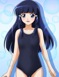 Rule 34 | 10s, 1girl, :d, aoki reika, blue eyes, blue hair, blush, bubble, collarbone, competition swimsuit, gluteal fold, hair ornament, hairclip, long hair, looking at viewer, matching hair/eyes, mumumu (road), one-piece swimsuit, open mouth, precure, silhouette, smile, smile precure!, solo, standing, swimsuit