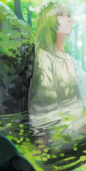 Rule 34 | androgynous, enkidu (fate), eyelashes, fate/grand order, fate (series), forest, gender request, green eyes, green hair, highres, long hair, looking up, male focus, mizutame tori, nature, partially submerged, rain, ripples, signature, sitting, solo, sunlight, water