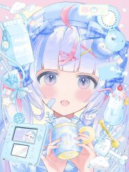 Rule 34 | 1girl, :d, absurdres, ahoge, anchor symbol, beret, blue hair, blue hat, blunt bangs, blush, charm (object), cloud, commentary request, coral, cup, fish bone, food, hair ornament, hairclip, handheld game console, hands up, hat, highres, holding, holding cup, ice cream, ice cream float, indie virtual youtuber, long hair, looking at viewer, milk carton, minho. (minh0 0o), mug, multicolored hair, nintendo 2ds, open mouth, pink hair, purple eyes, sango (35sangosan) (vtuber), smile, solo, speech bubble, streaked hair, twintails, upper body, virtual youtuber, x hair ornament