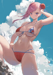 Rule 34 | 1girl, absurdres, american flag bikini, armpits, bare shoulders, bikini, blue eyes, blue sky, blush, breasts, bun cover, closed mouth, cloud, day, fate/grand order, fate (series), flag print, floating hair, front-tie top, hand on own hip, highres, large breasts, looking at viewer, miyamoto musashi (fate), miyamoto musashi (fate/grand order), miyamoto musashi (swimsuit berserker) (fate), miyamoto musashi (swimsuit berserker) (second ascension) (fate), navel, outdoors, parted lips, pink hair, print bikini, rororo, skindentation, sky, solo, star (symbol), star print, stomach, strap gap, string bikini, swimsuit, thighs, underboob, v-shaped eyebrows, water, wet, wet hair