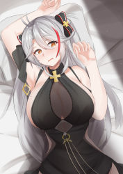 Rule 34 | 1girl, antenna hair, arm up, armlet, armpits, azur lane, bare shoulders, bed, black dress, bow, breasts, cleavage, clothing cutout, commentary request, cross, dress, hair between eyes, hair ornament, highres, iron cross, j yak47, large breasts, mole, mole on breast, multicolored bow, multicolored hair, open mouth, orange eyes, pillow, prinz eugen (azur lane), prinz eugen (cordial cornflower) (azur lane), shoulder cutout, streaked hair, two side up, upper body