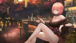 Rule 34 | 1girl, bare legs, bare shoulders, barefoot, bottle, breasts, chair, cleavage, commentary request, cup, detached collar, dolphenry, grin, highres, holding, holding cup, hololive, hololive english, large breasts, long sleeves, looking at viewer, mori calliope, mori calliope (new year), off shoulder, parted lips, pink eyes, pink hair, sakazuki, short hair, sitting, smile, solo, thighs, virtual youtuber, wristband