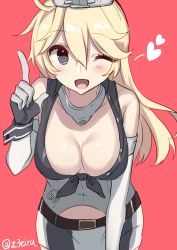 Rule 34 | 10s, 1girl, akagi kurage, blonde hair, blue eyes, breasts, cleavage, elbow gloves, fingerless gloves, front-tie top, gloves, hair between eyes, highres, index finger raised, iowa (kancolle), kantai collection, large breasts, leaning forward, looking at viewer, miniskirt, open mouth, red background, simple background, skirt, solo, star-shaped pupils, star (symbol), symbol-shaped pupils, twitter username