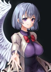 Rule 34 | 1girl, black background, blush, bow, bowtie, braid, breasts, brooch, closed mouth, collared dress, commentary request, dress, eyelashes, feathered wings, french braid, grey hair, highres, jacket, jewelry, kishin sagume, large breasts, long sleeves, looking at viewer, open clothes, open jacket, outstretched arm, purple dress, purple eyes, red bow, red bowtie, seina akitani, short hair, simple background, single wing, smile, solo, suit jacket, touhou, upper body, white wings, wing collar, wings