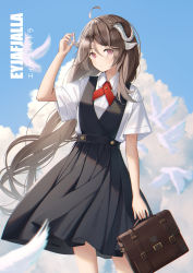 Rule 34 | 1girl, ahoge, animal ears, arknights, arm up, bag, bird, black dress, blue sky, braid, briefcase, brown hair, character name, closed mouth, collared shirt, day, dress, eyjafjalla (arknights), feet out of frame, highres, holding, holding bag, horns, long hair, looking at viewer, outdoors, parted bangs, red eyes, school briefcase, school uniform, sheep ears, sheep girl, sheep horns, shirt, sin., sky, solo, standing, very long hair, white shirt