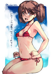 Rule 34 | 10s, 1girl, :d, bare arms, bare shoulders, bespectacled, bikini, blue sky, blush, breasts, brown eyes, brown hair, collarbone, day, frilled bikini, frills, glasses, hair tie, kantai collection, legs together, micro bikini, navel, open mouth, outdoors, outside border, red-framed eyewear, red bikini, red ribbon, ribbon, ryuujou (kancolle), shinshin, shiny skin, side-tie bikini bottom, sitting, sky, small breasts, smile, solo, speech bubble, stomach, strap gap, sweat, swimsuit, tareme, translation request, twitter username, two side up