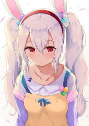 Rule 34 | 1girl, animal ears, azur lane, blush, breasts, cherry blossoms, closed mouth, collarbone, commentary request, dress, fake animal ears, hair between eyes, hairband, highres, jacket, laffey (azur lane), laffey (picnic adventure?) (azur lane), long hair, looking at viewer, open clothes, open jacket, oyukome, partial commentary, petals, purple jacket, rabbit ears, red eyes, shirt, silver hair, simple background, small breasts, smile, solo, twintails, upper body, white background, white shirt, yellow dress
