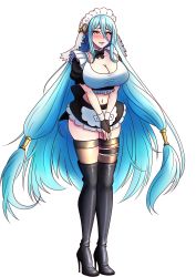 Rule 34 | absurdres, alternate breast size, apron, azura (fire emblem), blue hair, boots, breasts, cleavage, fingerless gloves, fire emblem, fire emblem fates, fire emblem heroes, frilled skirt, frilled sleeves, frills, full body, gloves, hair between eyes, hair ornament, high heel boots, high heels, highres, huge breasts, jewelry, knee boots, kneehighs, long hair, maid, maid apron, maid headdress, midriff, miniskirt, nintendo, skirt, socks, thigh strap, thighhighs, very long hair, will (willanator93), yellow eyes