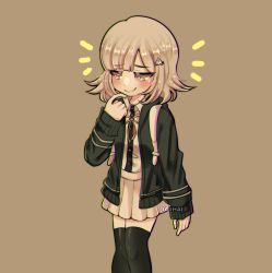Rule 34 | 1girl, artist name, backpack, bag, black jacket, black shirt, black thighhighs, blouse, blush, brown background, collared shirt, commentary, danganronpa (series), danganronpa 2: goodbye despair, dress shirt, english commentary, feet out of frame, finger to own chin, hair ornament, hairclip, highres, hood, hood down, hooded jacket, jacket, legs together, light brown hair, long sleeves, mark (daiihai), nanami chiaki, neck ribbon, open clothes, open jacket, pink eyes, pink ribbon, pleated skirt, ribbon, shirt, shirt tucked in, simple background, skirt, solo, spaceship hair ornament, standing, thighhighs, two-tone shirt, white shirt, zettai ryouiki