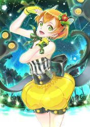 Rule 34 | 10s, 119, 1girl, animal ears, bare shoulders, cat ears, cat tail, fingerless gloves, gloves, green eyes, highres, hoshizora rin, looking at viewer, love live!, love live! school idol festival, love live! school idol project, open mouth, orange hair, short hair, skirt, sky, smile, solo, star (sky), starry sky, tail, yellow gloves