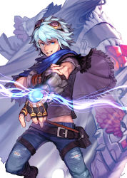 Rule 34 | 2boys, alternate hair color, armor, artist name, belt, belt pouch, black hair, blue eyes, blue hair, capelet, denim, electricity, ezreal, gloves, goggles, goggles on head, jeans, league of legends, long hair, male focus, multiple boys, pants, pouch, racoona, shield, taric, torn clothes
