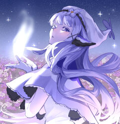 Rule 34 | 1girl, animal ears, blush, capelet, character request, commission, copyright request, dress, field, floating hair, flower, flower field, gloves, grey hair, hair ornament, hands up, hat, highres, long hair, looking at viewer, looking back, open mouth, purple capelet, purple hat, sky, solo, star (sky), starry sky, very long hair, white dress, white gloves, x hair ornament, zuraa (naunau seijin)