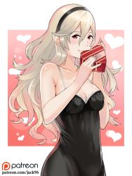 Rule 34 | 1girl, blush, box, breasts, camisole, cleavage, corrin (female) (fire emblem), corrin (fire emblem), fire emblem, fire emblem fates, fire emblem heroes, gift, gift box, hair between eyes, hair ornament, hairband, j@ck, long hair, looking at viewer, medium breasts, nintendo, pointy ears, red eyes, smile, solo, valentine, white hair