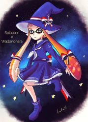 Rule 34 | 1girl, artist name, boots, copyright name, cosplay, crossover, dress, funamusea, grey eyes, hat, highres, inkling, inkling girl, inkling player character, looking at viewer, lopuii, nintendo, oounabara to wadanohara, pointy ears, ribbon, sailor dress, sailor hat, skirt, solo, splatoon (series), splatoon 1, tentacle hair, wadanohara, wadanohara (cosplay), witch hat