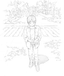Rule 34 | 1boy, city, crosswalk, closed eyes, greyscale, male focus, monochrome, open clothes, open shirt, original, overgrown, pants, road, shirt, shoes, sketch, sleeves rolled up, solo, standing, street, traditional media, tree, undershirt, vanishing point, yoshitomi akihito