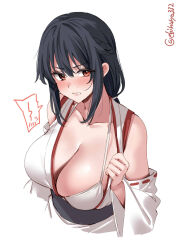 Rule 34 | 1girl, bare shoulders, black hair, black sash, blush, bra, breasts, cleavage, detached sleeves, ebifurya, frown, hair between eyes, highres, japanese clothes, kantai collection, large breasts, looking at viewer, one-hour drawing challenge, red eyes, sash, short hair, simple background, solo, twitter username, underwear, upper body, white background, white bra, white sleeves, yamashiro (kancolle)