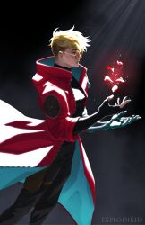 Rule 34 | 1boy, absurdres, black background, blonde hair, coat, collared coat, commentary, cowboy shot, english commentary, explodikid, fingerless gloves, gloves, highres, male focus, pants, profile, red coat, simple background, solo, sunglasses, trigun, trigun stampede, turtleneck shirt, undercut, vash the stampede
