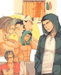 Rule 34 | 2boys, absurdres, ace attorney, bara, bath, bathroom, black hair, book, brown hair, bubble, closed eyes, collared shirt, couple, curtains, facial hair, glasses, hand in pocket, heart, highres, hiluta, hood, hooded jacket, jacket, jewelry, kiss, looking at another, male focus, manly, mature male, messy hair, miles edgeworth, multiple boys, muscular, muscular male, necklace, phoenix wright, phoenix wright: ace attorney, reading, shampoo, shirt, short hair, smile, spiked hair, stubble, t-shirt, teeth, topless male, towel, towel on head, yaoi