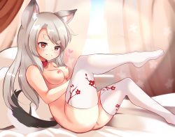 Rule 34 | 1girl, :3, absurdres, akiba monaka, animal ear fluff, animal ears, azur lane, blush, breasts, chromatic aberration, closed mouth, collar, commentary request, floral print, from side, front-seamed legwear, heart, highres, leg up, legs, long hair, looking at viewer, looking to the side, medium breasts, nipples, no shoes, print curtains, print thighhighs, red collar, red curtains, red eyes, seamed legwear, silver hair, smile, solo, star (symbol), star print, tail, thick eyebrows, thighhighs, white thighhighs, wolf ears, wolf tail, yuudachi (azur lane)