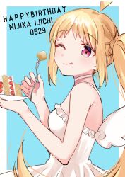 Rule 34 | 1girl, :p, ;p, ahoge, angel wings, armpit crease, bare arms, bare shoulders, birthday cake, blonde hair, bocchi the rock!, border, breasts, cake, cake slice, character name, choker, closed mouth, commentary request, dated, dot nose, dress, english text, floating hair, food, fork, hamazi aki, hands up, happy birthday, highres, holding, holding cake, holding food, holding fork, holding plate, holding utensil, ijichi nijika, light blush, lone nape hair, looking at viewer, medium breasts, official alternate costume, official art, one eye closed, outside border, parted bangs, pink eyes, plate, romaji text, shoulder strap, side ponytail, sideboob, sidelocks, solo, strawberry shortcake, thick eyebrows, tongue, tongue out, upper body, utensil, white border, white choker, white dress, white wings, wings