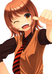 Rule 34 | 1girl, bad id, bad pixiv id, brown eyes, brown hair, female focus, highres, laco soregashi, looking at viewer, necktie, one eye closed, original, simple background, smile, solo, striped necktie, striped neckwear, sweater vest, thumbs up, upper body, white background, wink