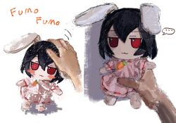 Rule 34 | ..., 1girl, 1other, :3, animal ears, b nosk101, black hair, blush stickers, carrot necklace, closed mouth, dress, fumo (doll), headpat, highres, inaba tewi, jewelry, multiple views, necklace, pink dress, rabbit ears, red eyes, short hair, short sleeves, solo focus, spoken ellipsis, touhou