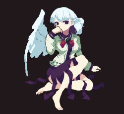 Rule 34 | 1girl, 4qw5, barefoot, black background, closed mouth, collared dress, commentary request, dress, full body, hand to own mouth, hand up, highres, kishin sagume, long hair, long sleeves, looking at viewer, open clothes, open shirt, pixel art, purple dress, purple eyes, shirt, simple background, single wing, sitting, solo, touhou, white hair, white shirt, wings