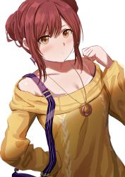 Rule 34 | absurdres, bag, bare shoulders, breasts, brown eyes, brown hair, brown shirt, character request, collarbone, double bun, hair between eyes, hair bun, hand up, highres, idolmaster, idolmaster shiny colors, long sleeves, looking at viewer, misaki nonaka, off-shoulder shirt, off shoulder, osaki amana, shirt, shoulder bag, sidelocks, simple background, small breasts, solo, white background