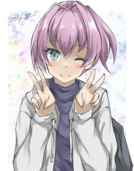 Rule 34 | 1girl, black sweater, blue eyes, double v, gakky, hood, hooded jacket, hoodie, jacket, kantai collection, looking at viewer, official alternate costume, one-hour drawing challenge, one eye closed, pink hair, ponytail, shiranui (kancolle), short hair, solo, sweater, upper body, v, white jacket