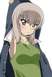 Rule 34 | 1girl, alternate costume, arms behind head, arms up, blue eyes, blue jacket, blush, closed mouth, commentary, frown, girls und panzer, green shirt, highres, itsumi erika, jacket, long sleeves, looking at viewer, medium hair, military, military uniform, ooarai military uniform, open clothes, open jacket, shirt, silver hair, simple background, solo, stretching, tank top, uniform, upper body, wakku kan, white background