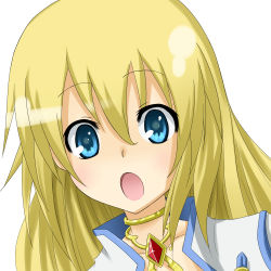 Rule 34 | 00s, 1girl, :o, blonde hair, colette brunel, collarbone, flask (pandora), highres, long hair, looking at viewer, open mouth, portrait, simple background, solo, tales of (series), tales of symphonia, white background
